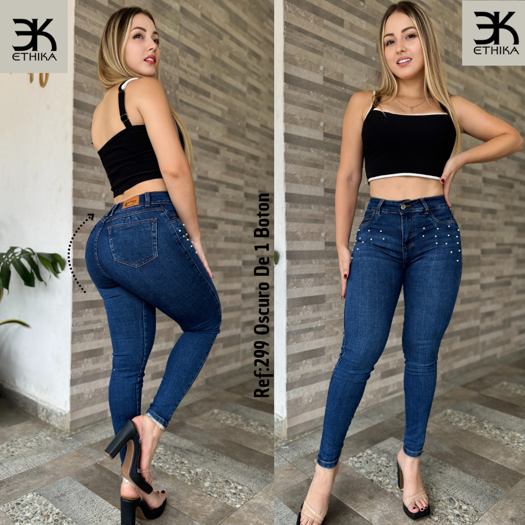 JEANS DE DAMA 1 BOTON LEVANTA COLA REF:299 OSCURO CON PERLAS